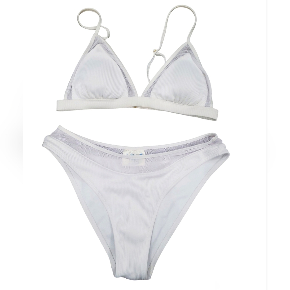 Blu C White Ribbed Two Piece Bikini Set Size Medium